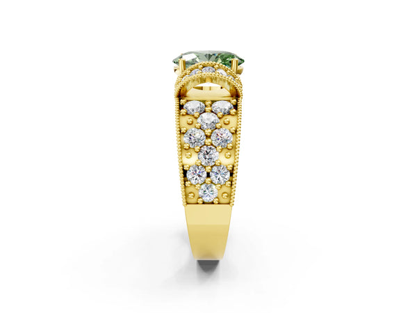 Yellow gold Fancy Green Oval  Halo Pave Diamond Engagement Ring with Milgrain Detailing