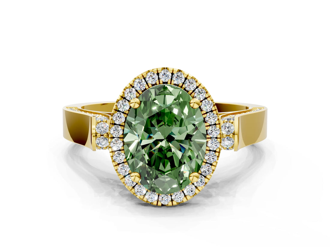 Yellow gold Fancy Green Oval  Halo Pave Split Shank Prong Setting Ring_81