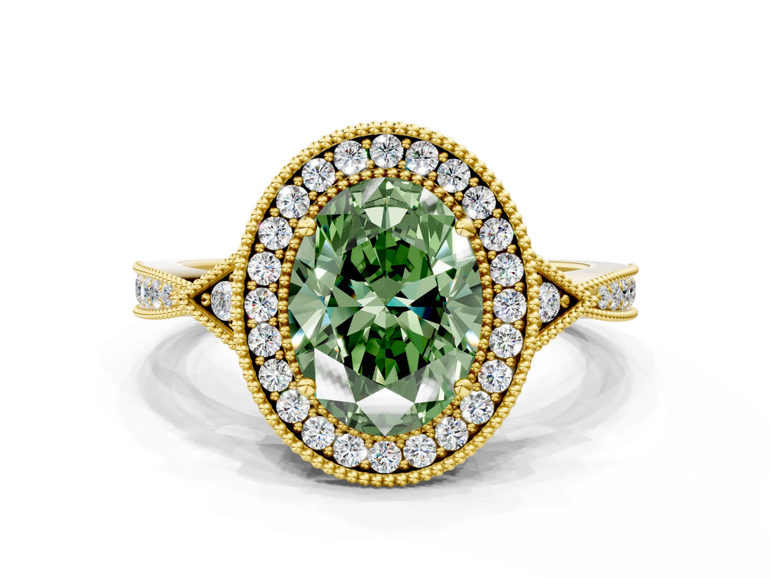Yellow gold Fancy Green Oval  Halo Round Diamond Milgrain Pave Engagement Ring_3