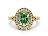 Yellow gold Fancy Green Oval  Halo Round Diamond Milgrain Pave Engagement Ring_3