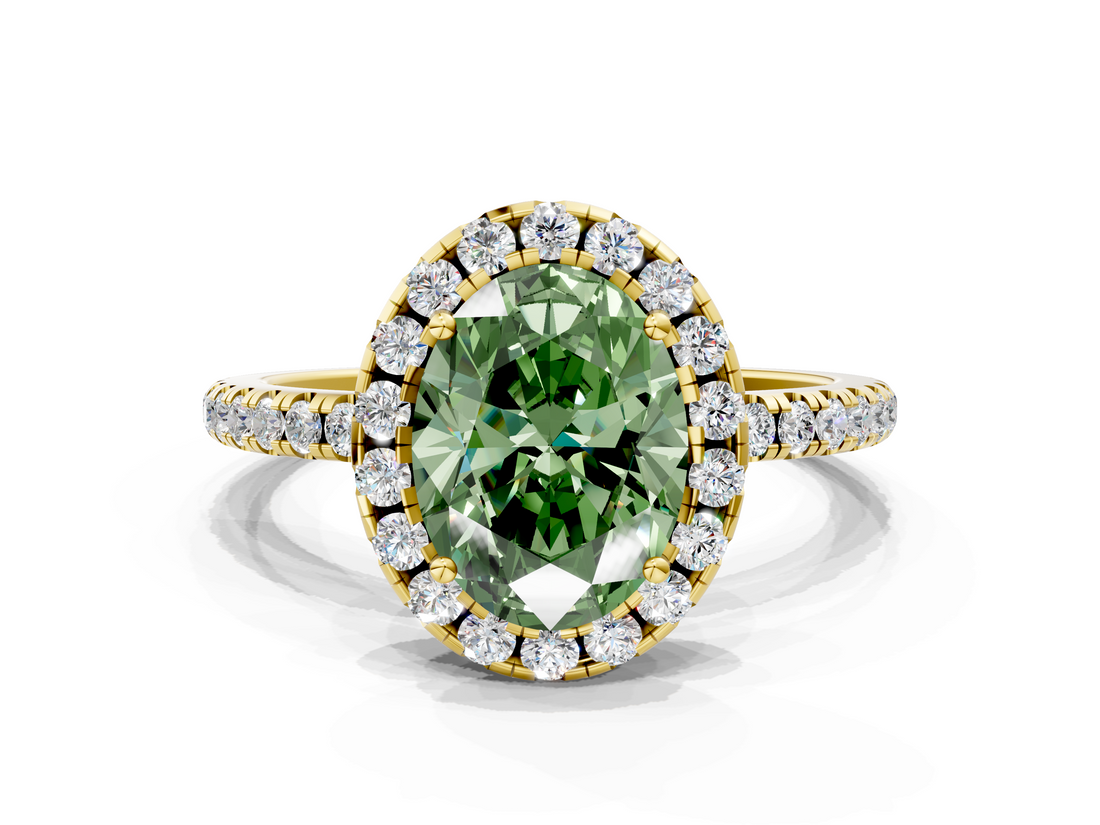 Yellow gold Fancy Green Oval  Halo Round Diamond Pavé Band Four-Prong Ring_3