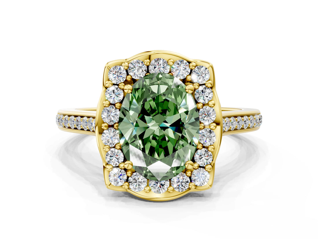 Yellow gold Fancy Green Oval  Halo Round Diamond Pave Band with Four-Prong Setting_39