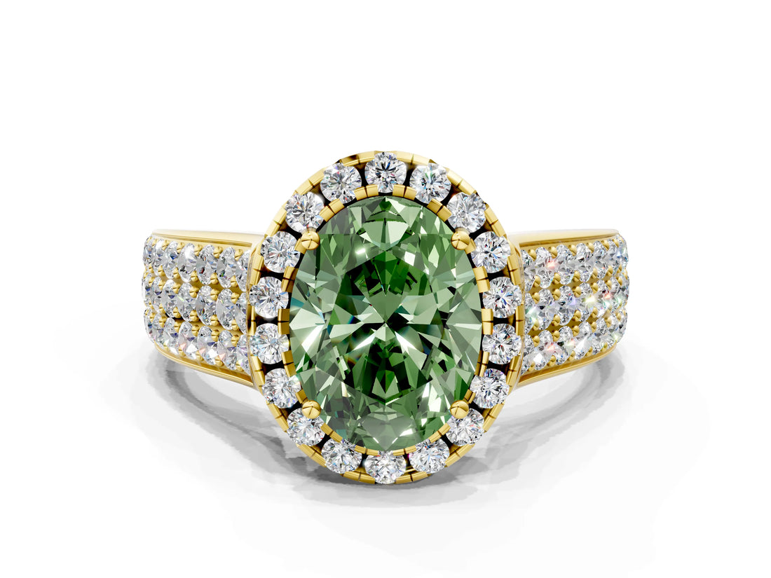 Yellow gold Fancy Green Oval  Halo Round Diamond Pave Band with Prong Setting