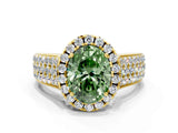 Yellow gold Fancy Green Oval  Halo Round Diamond Pave Band with Prong Setting