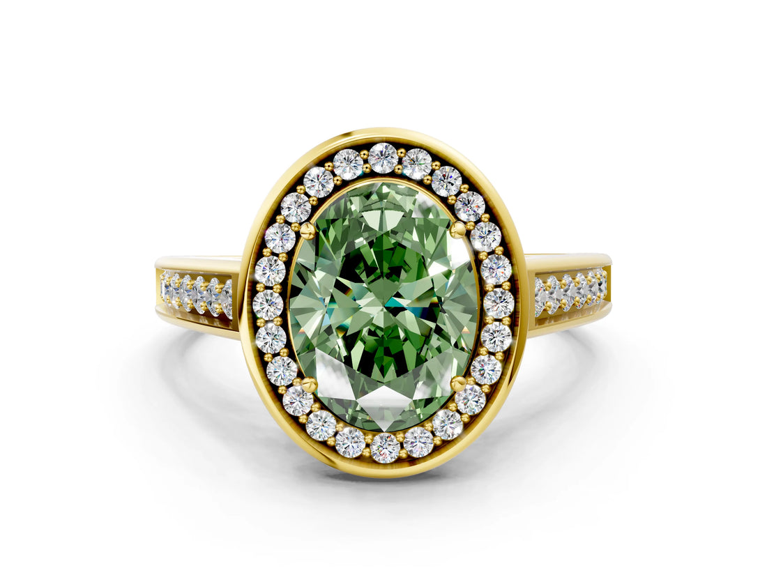 Yellow gold Fancy Green Oval  Halo Solitaire Diamond Ring with Pave Band and Bezel Setting_49