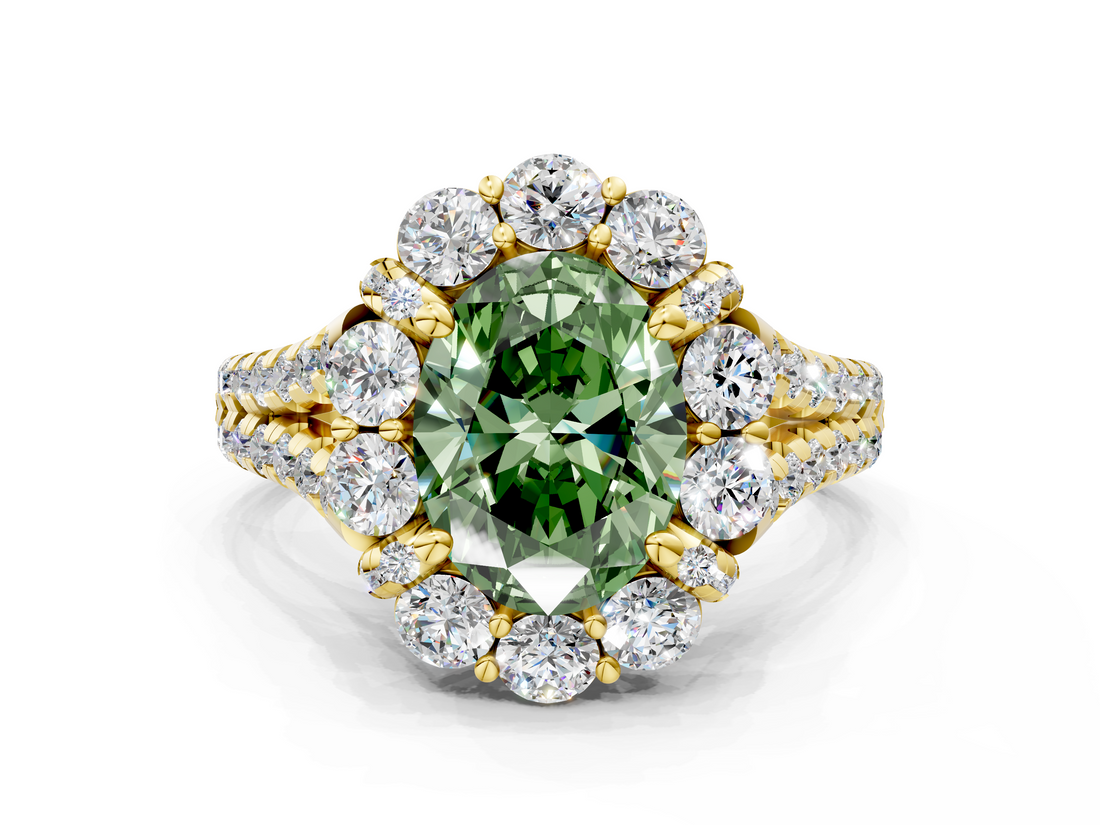 Yellow gold Fancy Green Oval  Halo Split Shank Diamond Engagement Ring with Pave Band and Four-Prong Setting_54