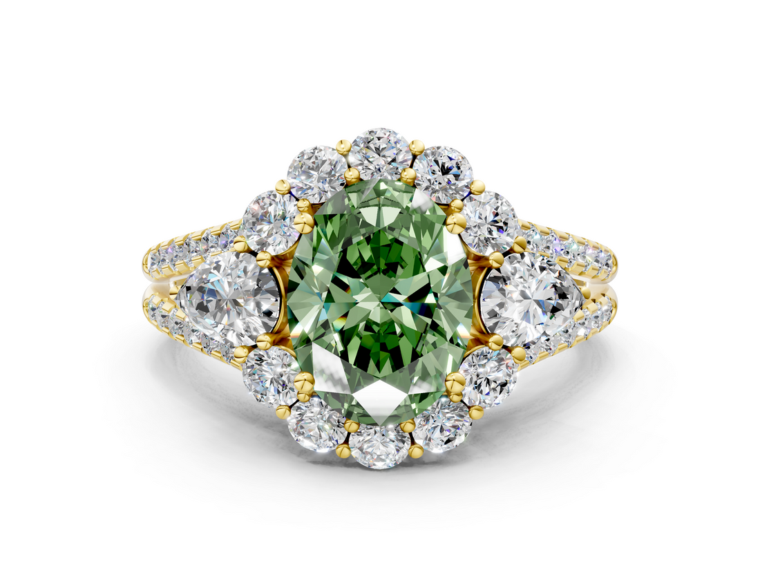 Yellow gold Fancy Green Oval  Halo Split Shank Diamond Engagement Ring with Prong Setting_20
