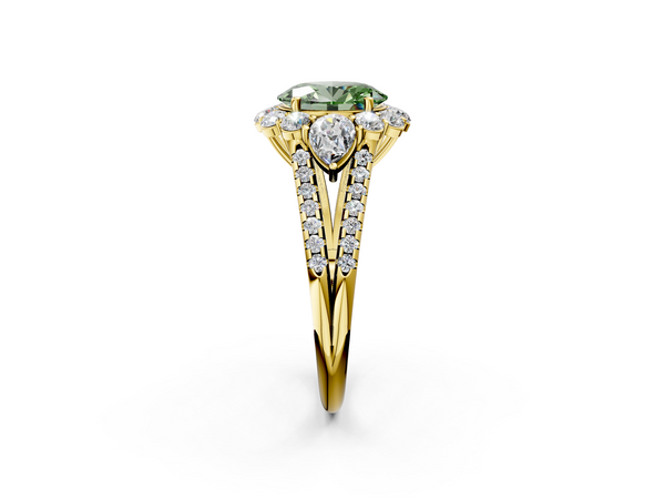 Yellow gold Fancy Green Oval  Halo Split Shank Diamond Engagement Ring with Prong Setting