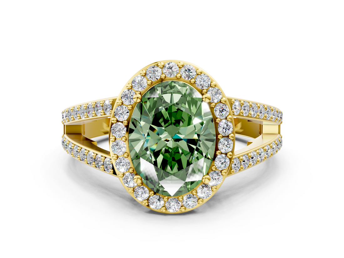 Yellow gold Fancy Green Oval  Halo Split Shank Diamond Ring with Four-Prong Setting_32