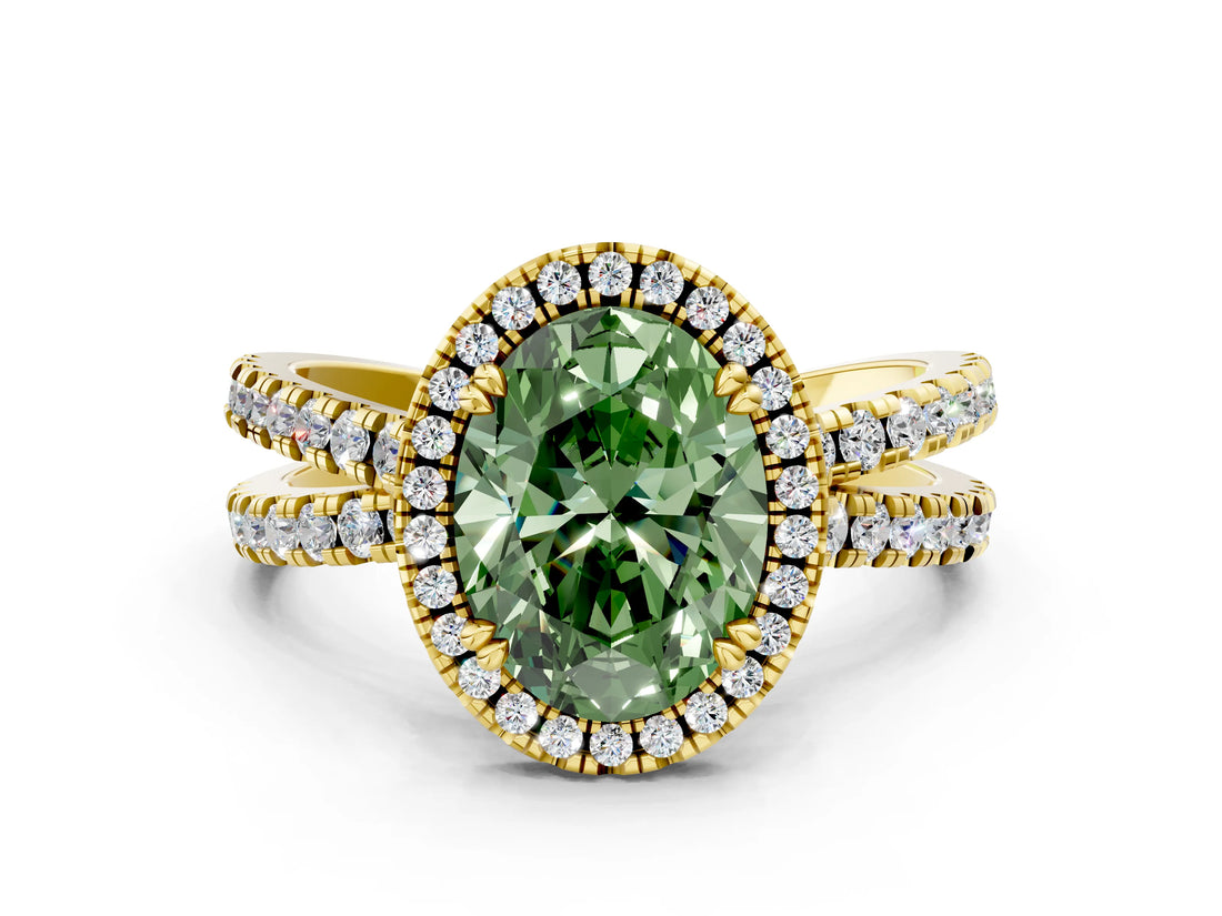 Yellow gold Fancy Green Oval  Halo Split Shank Diamond Ring with Pavé Setting_26