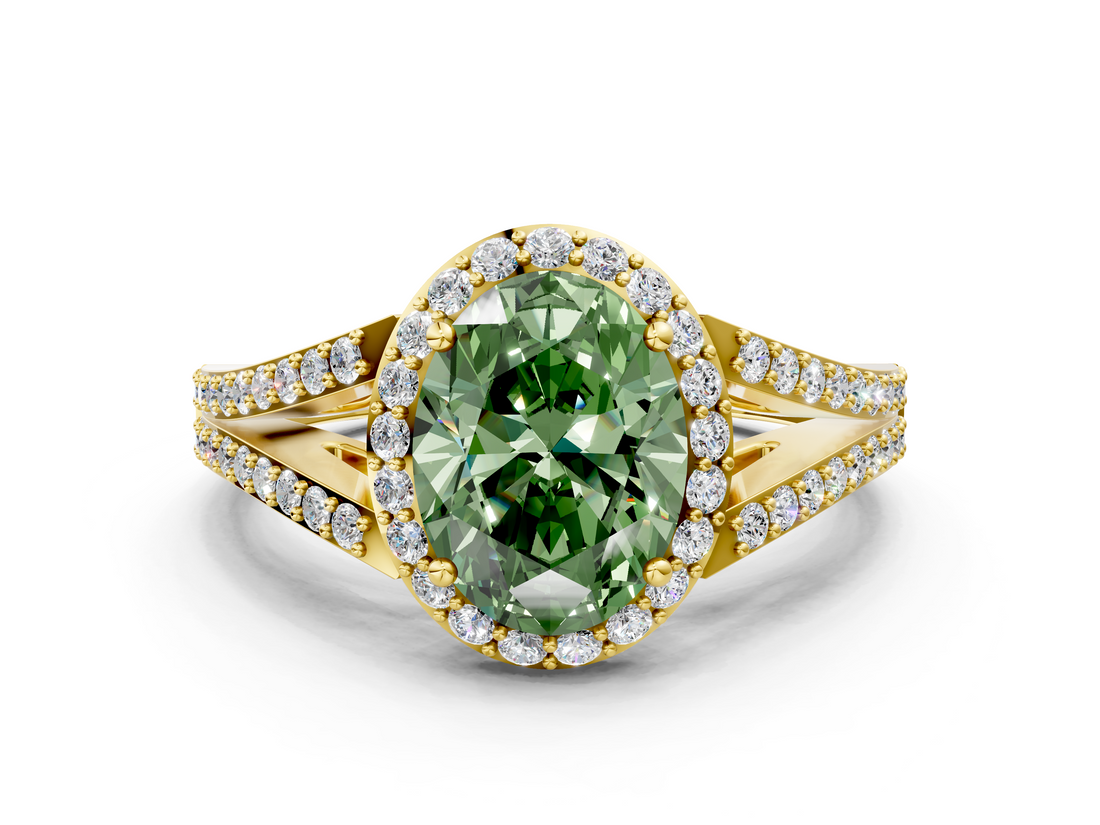 Yellow gold Fancy Green Oval  Halo Split Shank Diamond Ring with Prong Setting_20