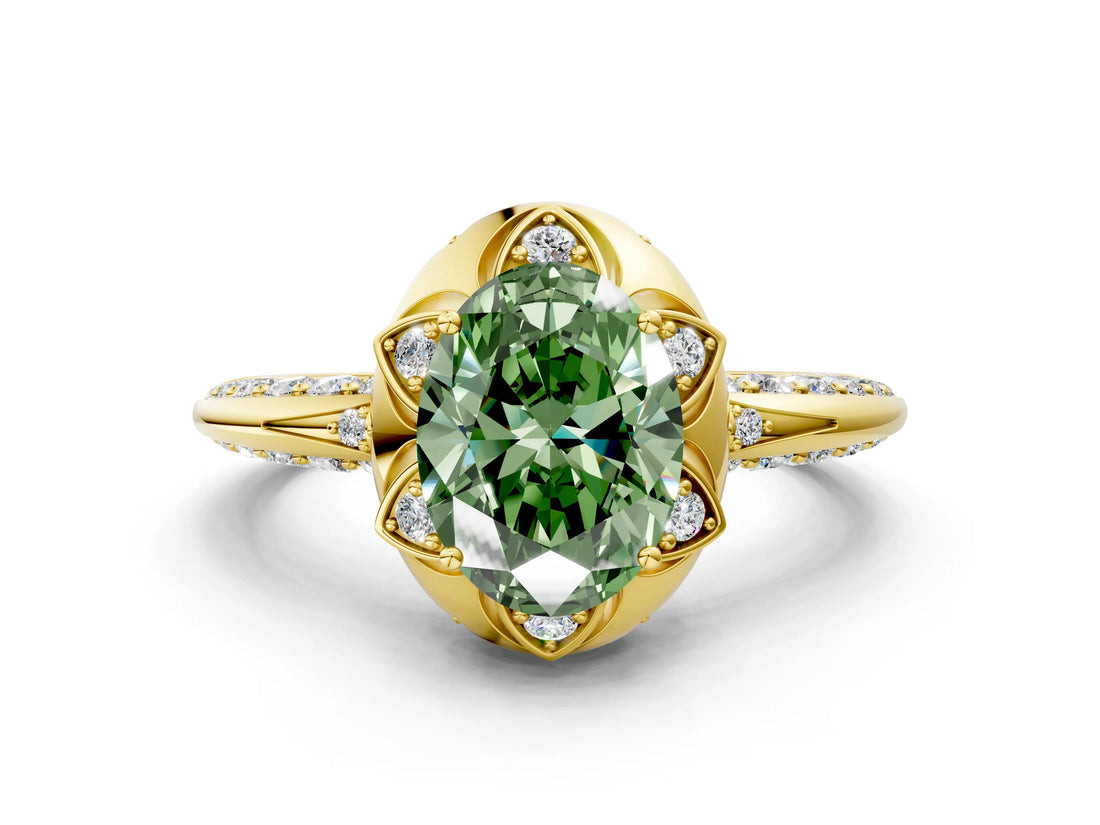 Yellow gold Fancy Green Oval  Halo Split Shank Pave Diamond Ring with Petal Prong Setting_21