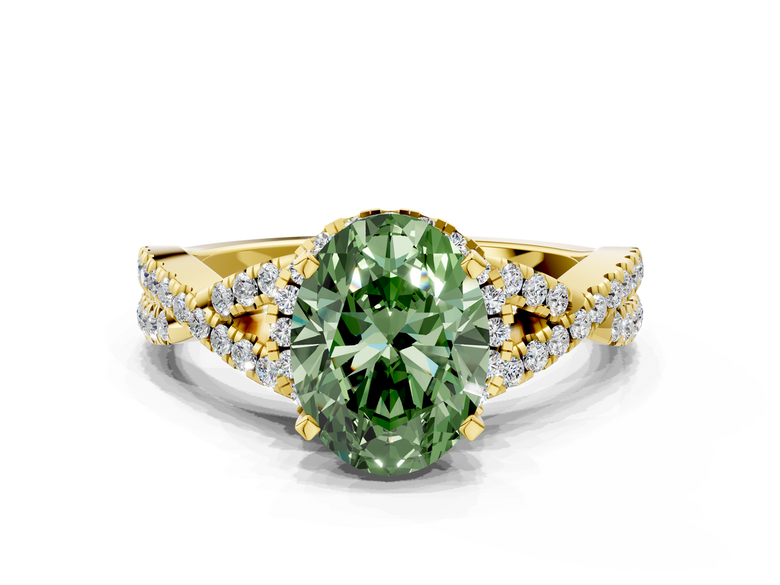 Yellow gold Fancy Green Oval  Halo Twist Band Solitaire Prong Setting Ring_64