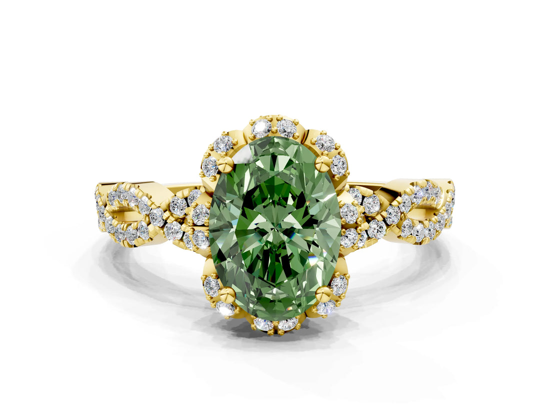 Yellow gold Fancy Green Oval  Halo Twist Band Solitaire Ring with Six-Prong Setting_32