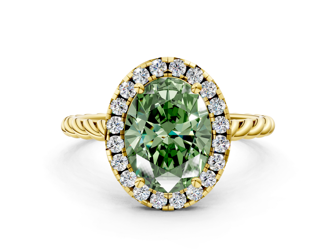 Yellow gold Fancy Green Oval  Halo Twisted Band Four-Prong Diamond Ring_19