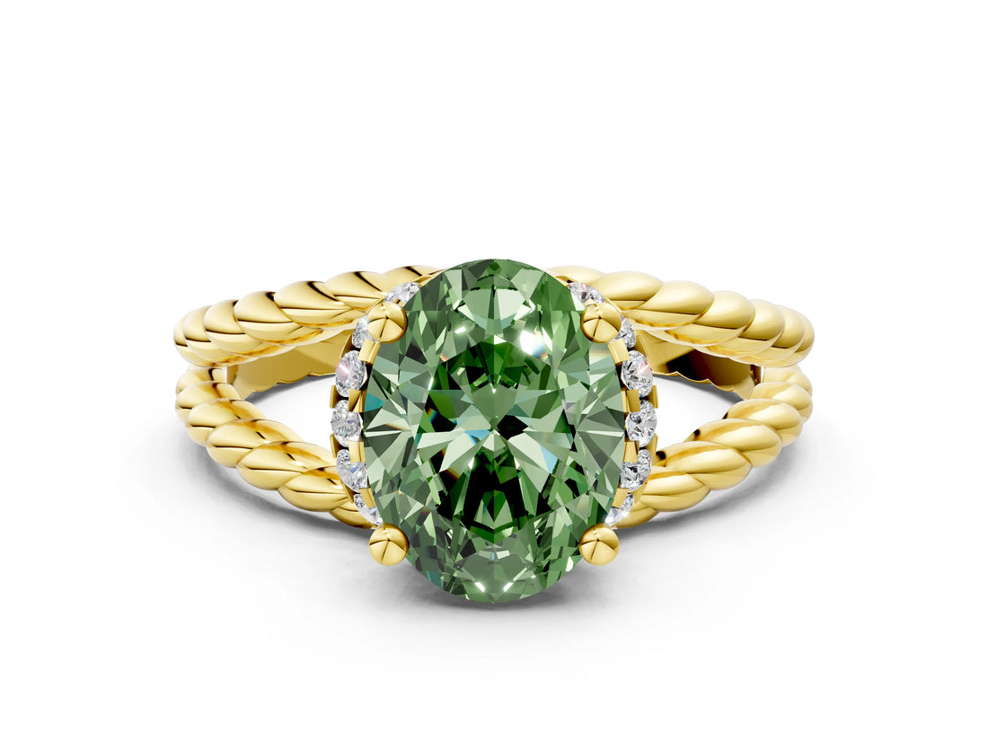 Yellow gold Fancy Green Oval  Halo Twisted Band Four-Prong Ring_51
