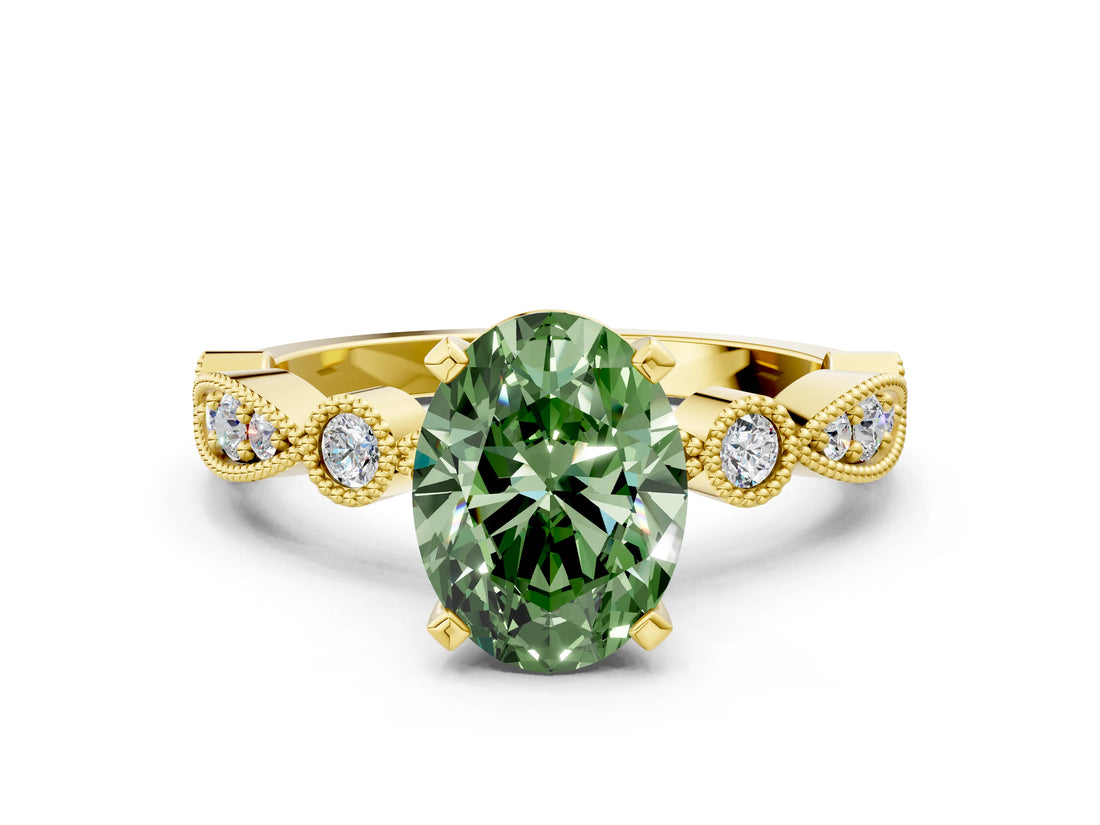 Yellow gold Fancy Green Oval  Milgrain Bezel Diamond Engagement Ring with Solitaire Prong Setting_167