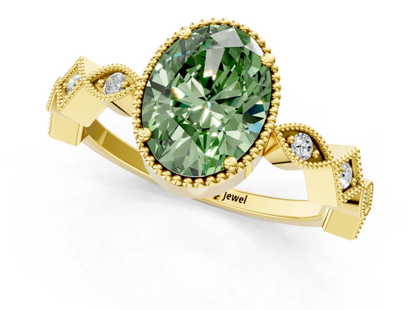Yellow gold Fancy Green Oval  Milgrain Marquise Diamond Twist Band Ring
