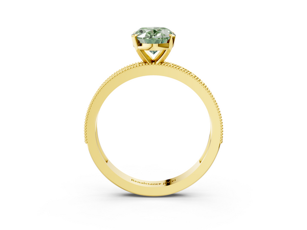 Yellow gold Fancy Green Oval Cut Diamond Milgrain Pavé Engagement Ring with Four-Prong Setting
