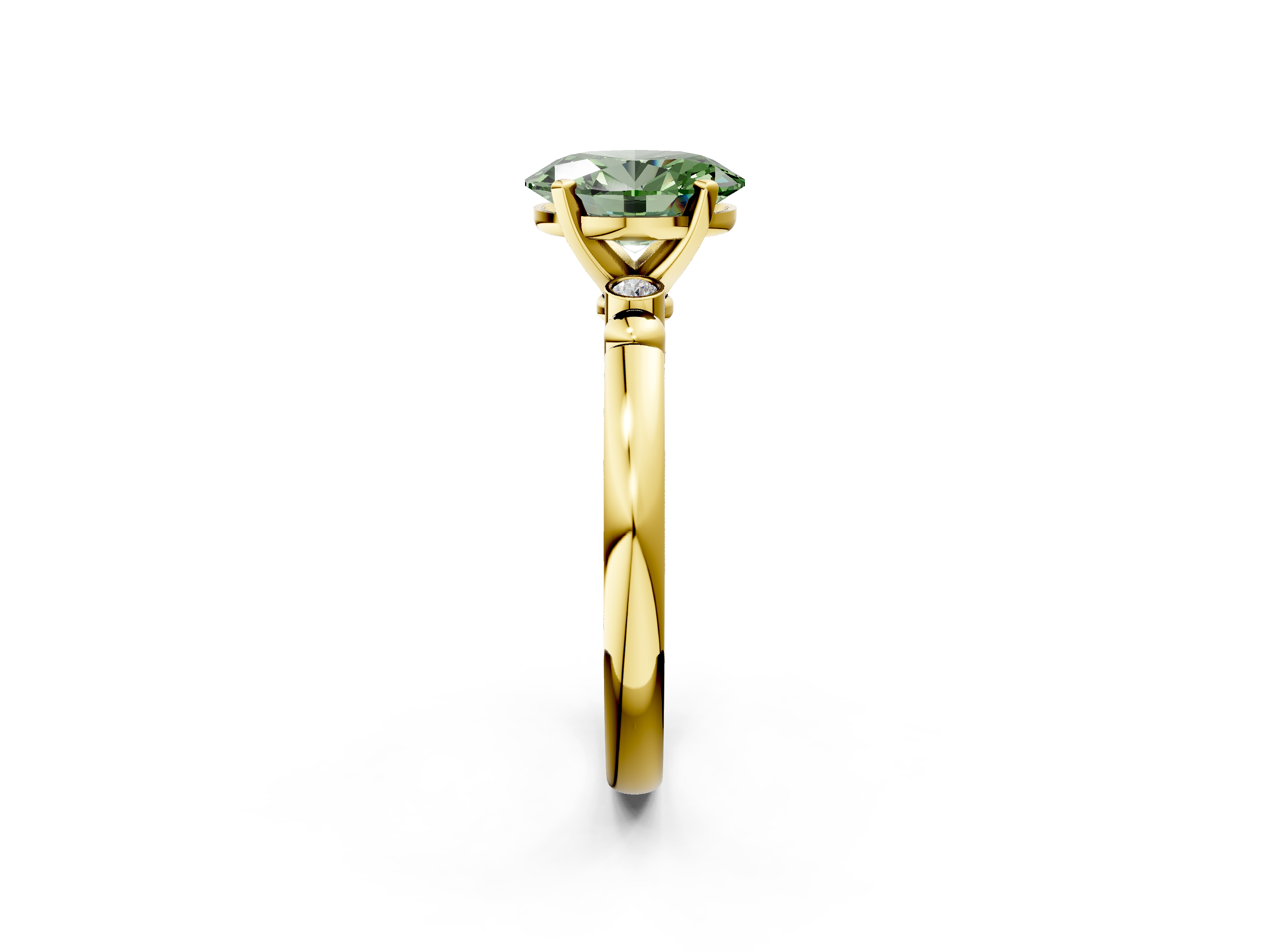 Yellow gold Fancy Green Oval  Solitaire Beaded Band with Four-Prong Setting_61