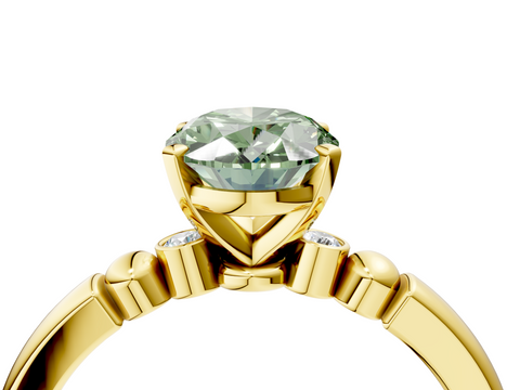 Yellow gold Fancy Green Oval  Solitaire Beaded Band with Four-Prong Setting_63