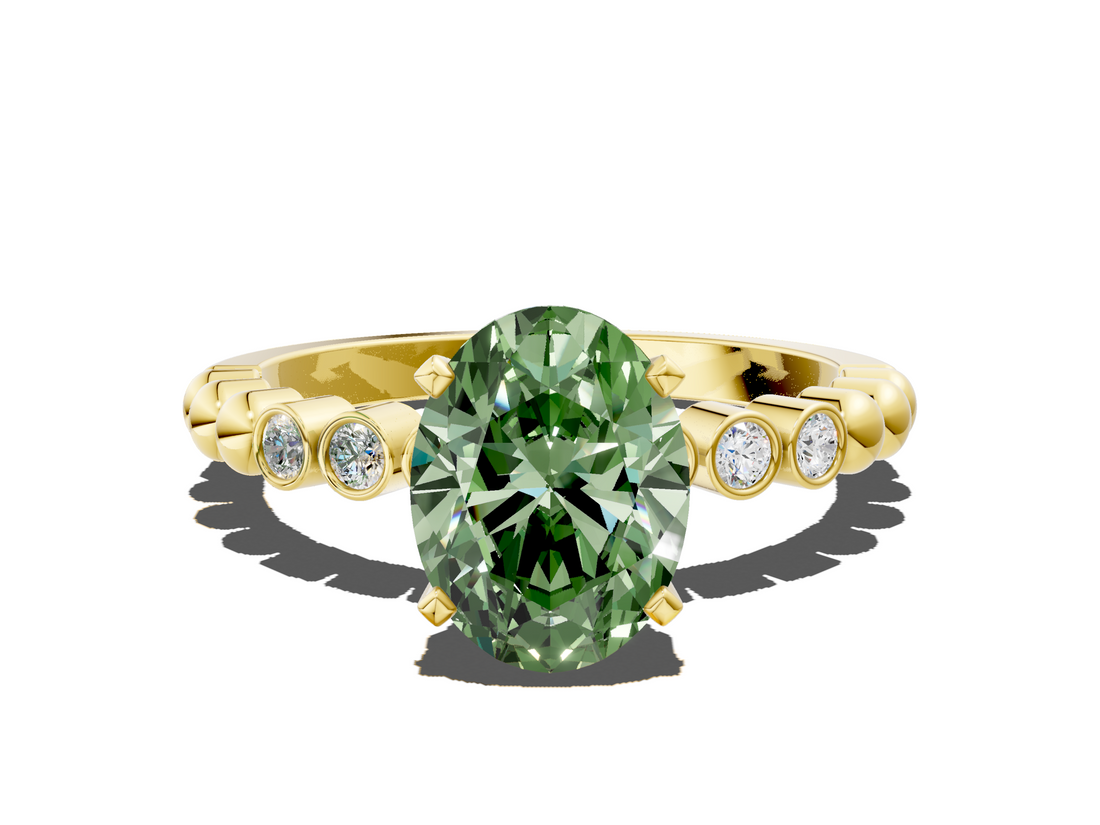 Yellow gold Fancy Green Oval  Solitaire Bezel Accent Diamond Engagement Ring with Beaded Band and Four-Prong Setting_24