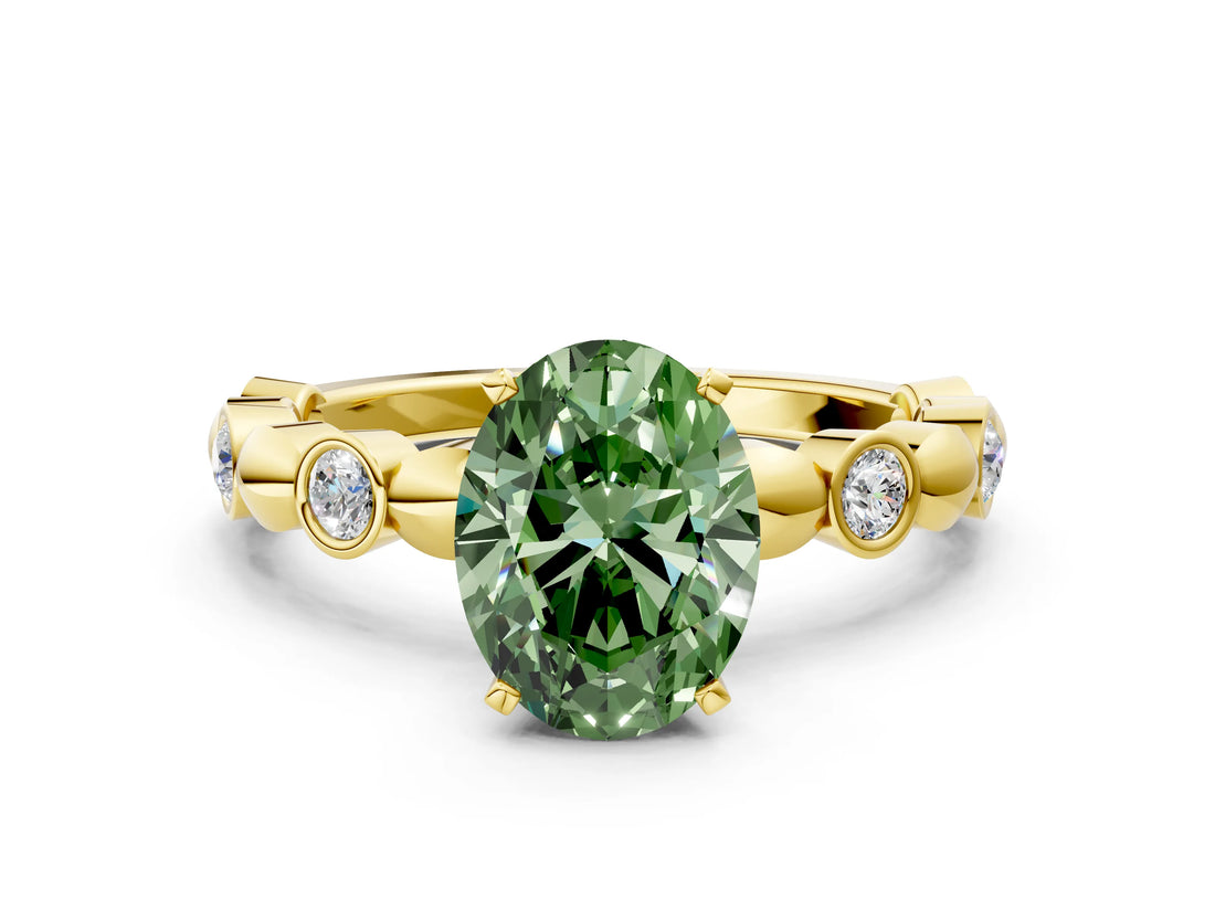 Yellow gold Fancy Green Oval  Solitaire Bezel-Set Diamond Ring with Beaded Band and Four-Prong Setting_32
