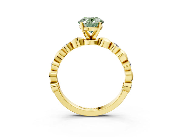 Yellow Gold Oval Engagement Ring Setting for Fancy Green Center with Bezel Station Beaded Band