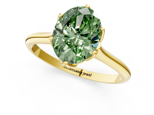 Yellow gold Fancy Green Oval  Solitaire Cathedral Diamond Ring with Six-Prong Setting