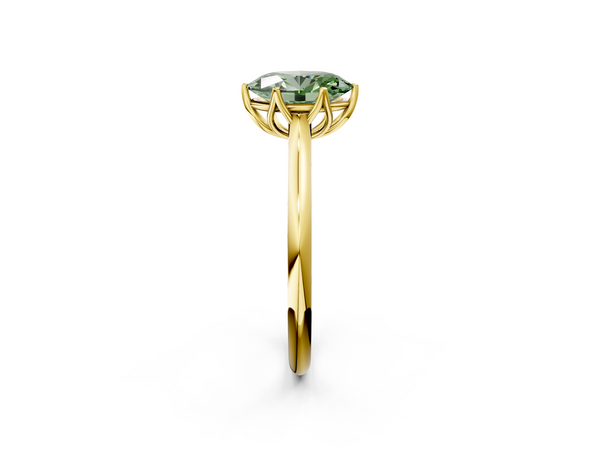 Yellow gold Fancy Green Oval  Solitaire Cathedral Diamond Ring with Six-Prong Setting