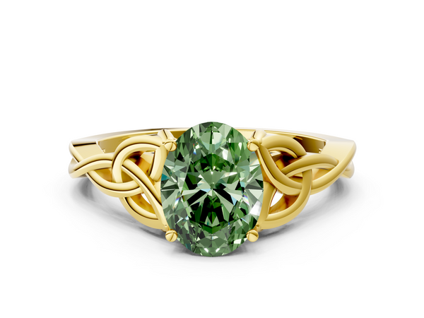 Yellow gold Fancy Green Oval Cut Diamond Solitaire Engagement Ring with Celtic Knot Band and Four-Prong Setting