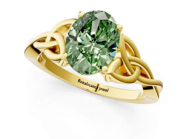 Yellow gold Fancy Green Oval Cut Diamond Solitaire Engagement Ring with Celtic Knot Band and Four-Prong Setting