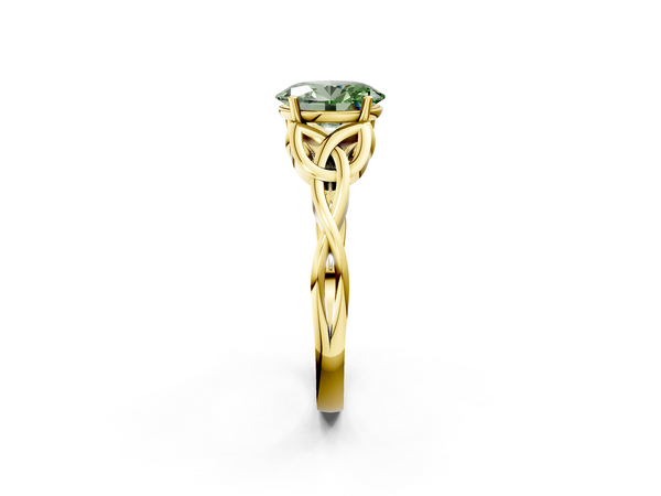 Yellow gold Fancy Green Oval Cut Diamond Solitaire Engagement Ring with Celtic Knot Band and Four-Prong Setting