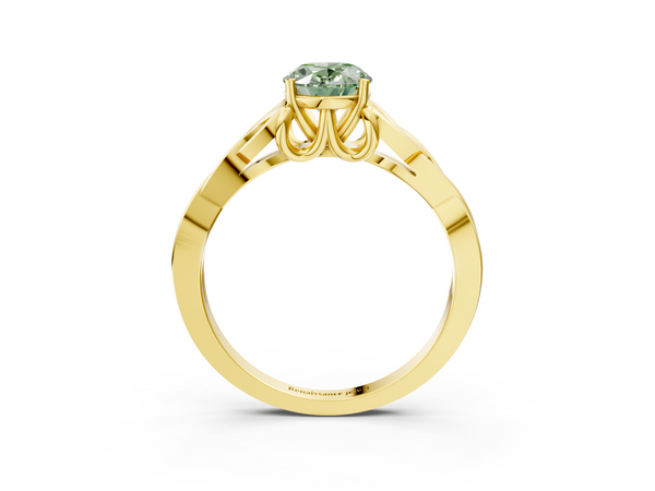Yellow gold Fancy Green Oval Cut Diamond Solitaire Engagement Ring with Celtic Knot Band and Four-Prong Setting