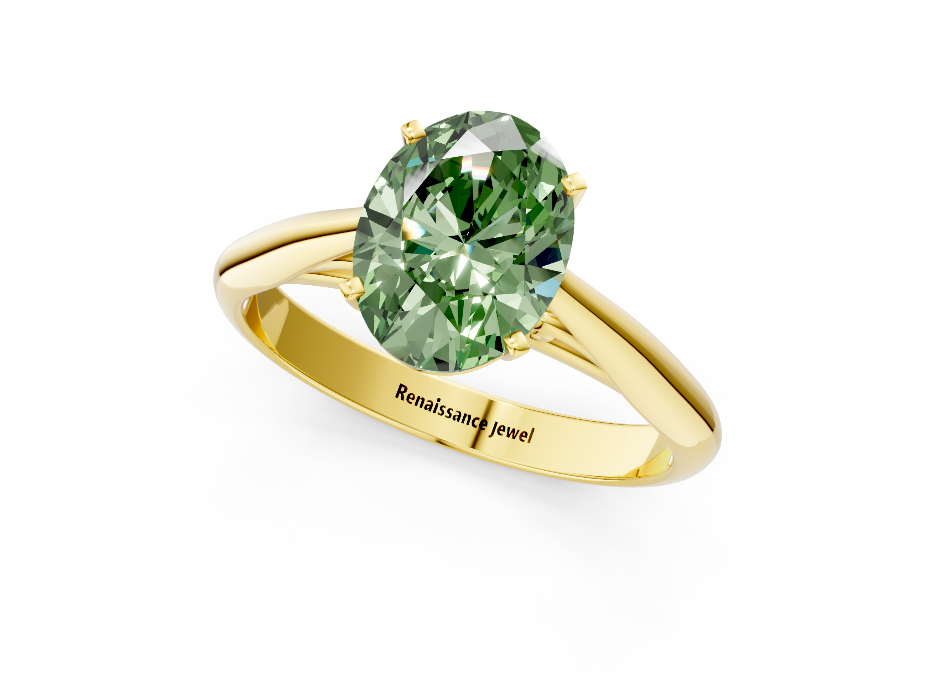 Yellow gold Fancy Green Oval  Solitaire Diamond Engagement Ring with Cathedral Setting and Four-Prong Mount on a Classic Band_53