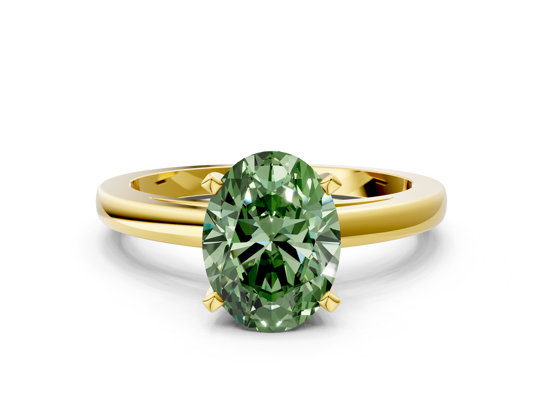 Yellow gold Fancy Green Oval  Solitaire Diamond Engagement Ring with Four-Prong Setting on a Classic Band_3
