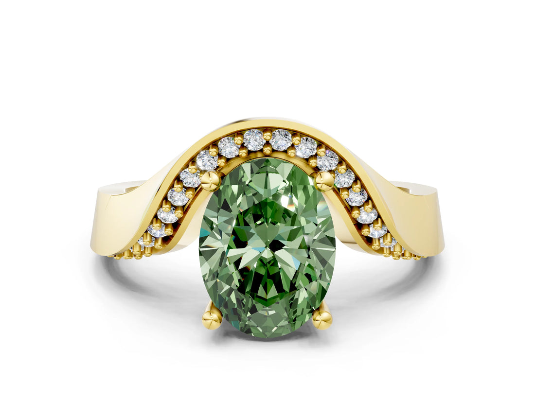 Yellow gold Fancy Green Oval  Solitaire Diamond Engagement Ring with Pave Band and Four-Prong Setting 1