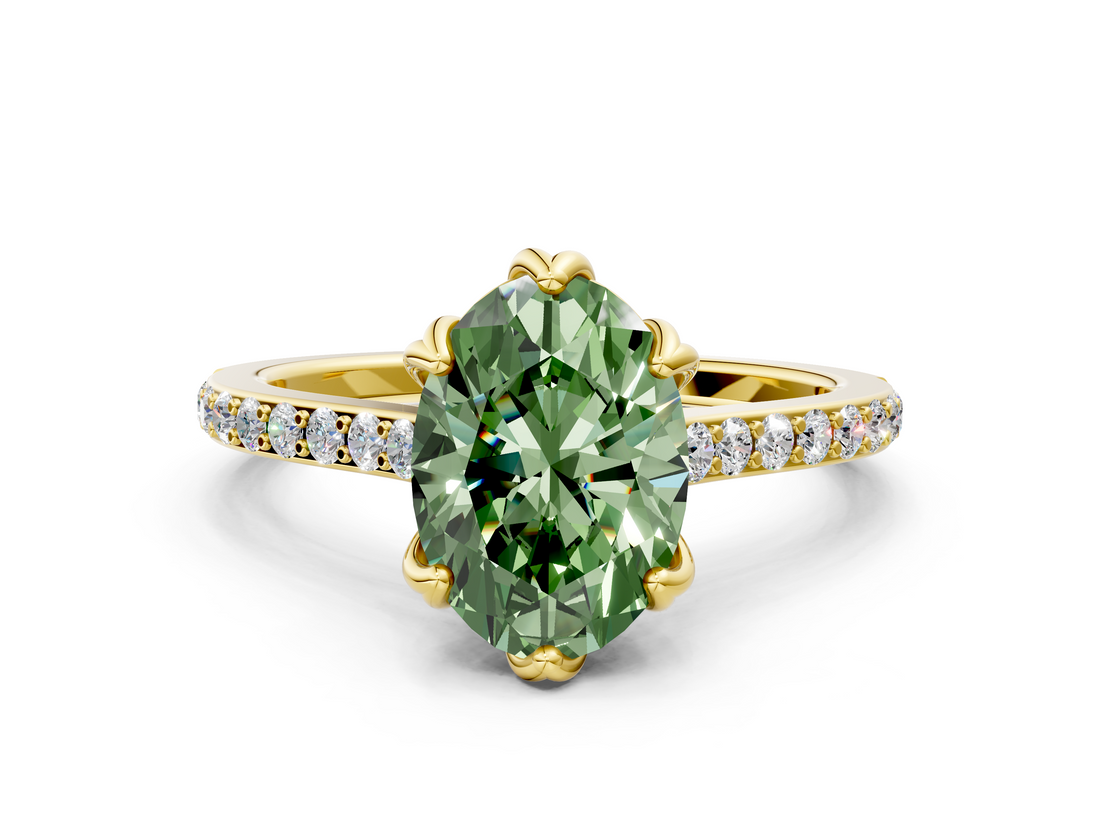 Yellow gold Fancy Green Oval  Solitaire Diamond Engagement Ring with Pave Band and Six-Prong Setting_20