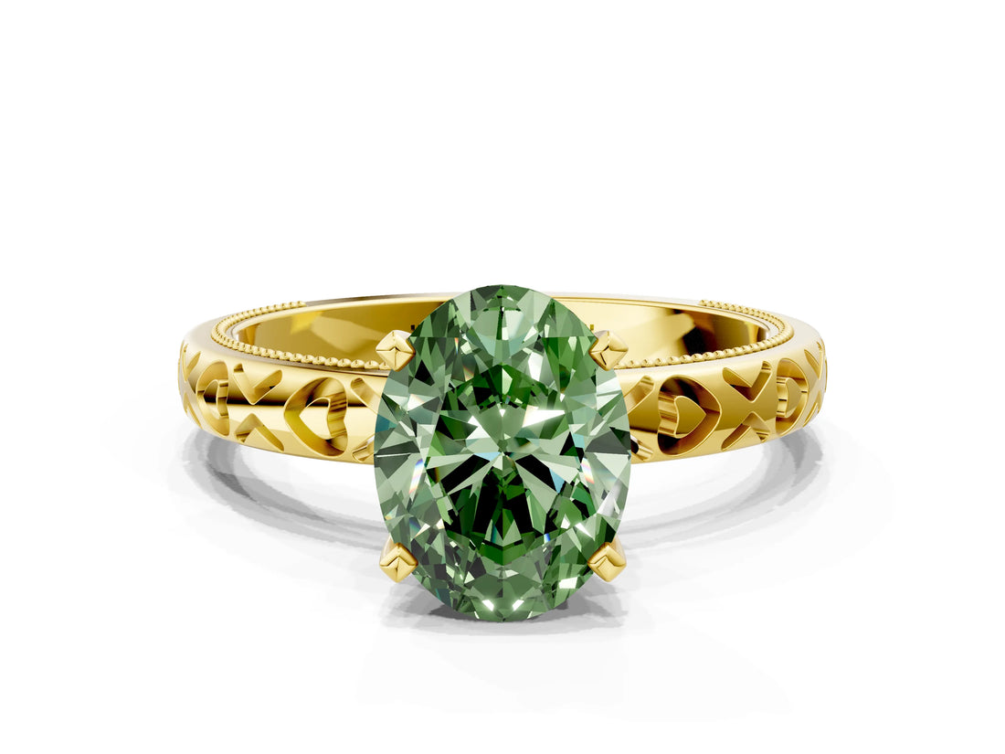 Yellow gold Fancy Green Oval  Solitaire Diamond Engagement Ring with XO Engraved Band and Four-Prong Setting 1
