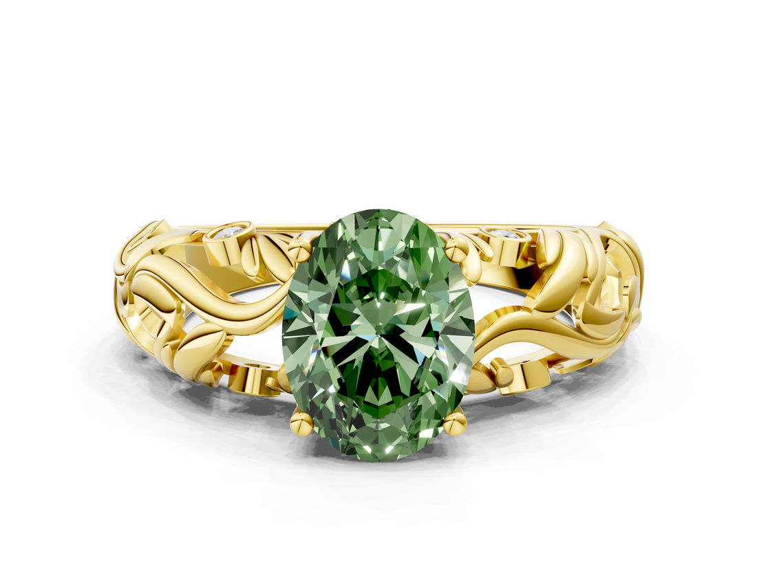 Yellow gold Fancy Green Oval  Solitaire Diamond Leaf Vine Band with Prong Setting_28
