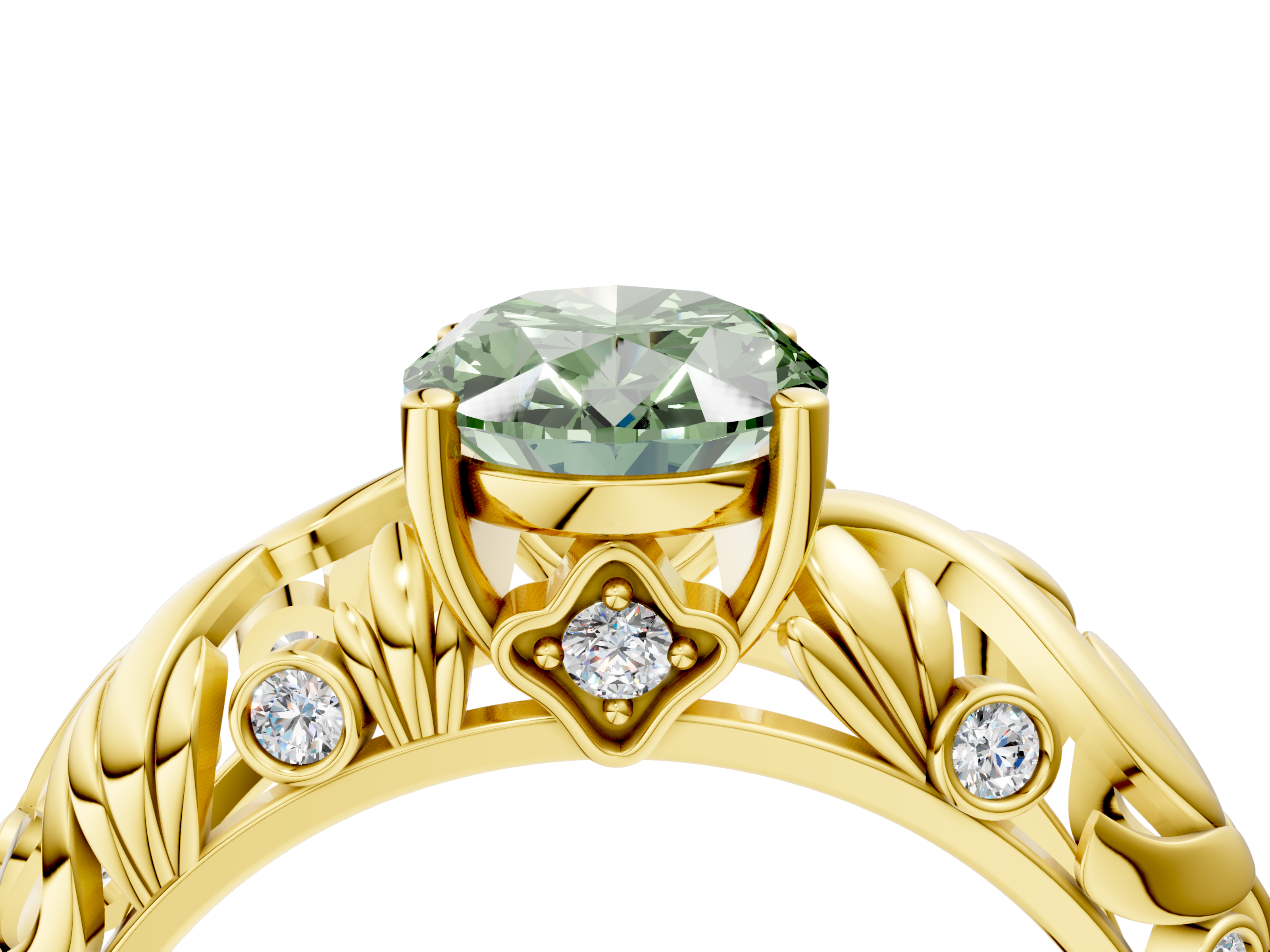 Yellow gold Fancy Green Oval  Solitaire Diamond Leaf Vine Band with Prong Setting_32