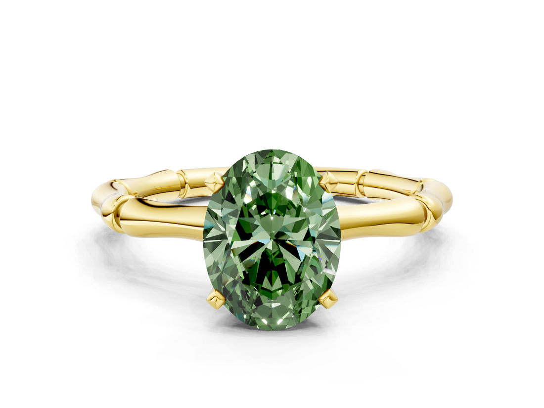 Yellow gold Fancy Green Oval  Solitaire Diamond Ring with Bamboo Band and Four-Prong Setting_56
