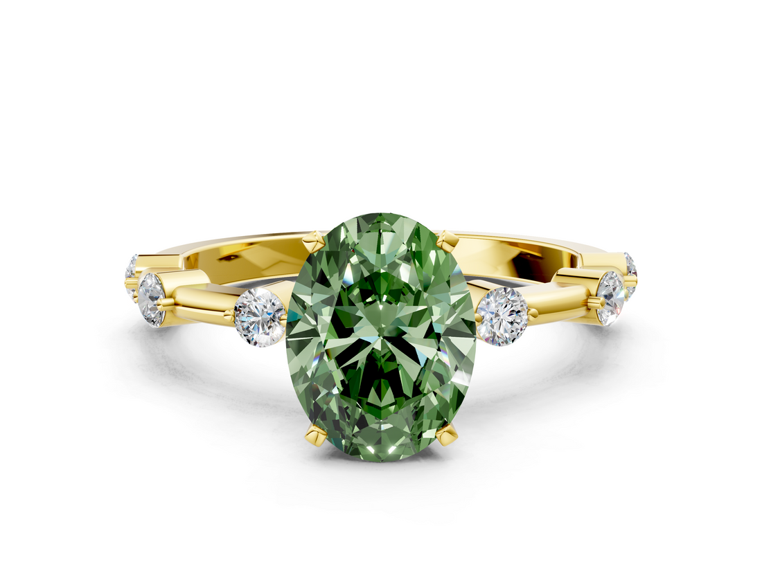 Yellow gold Fancy Green Oval  Solitaire Diamond Ring with Bezel Set Side Stones and Prong Setting_3
