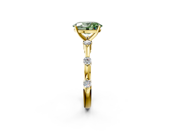 Yellow gold Fancy Green Oval  Solitaire Diamond Ring with Bezel Set Side Stones and Prong Setting