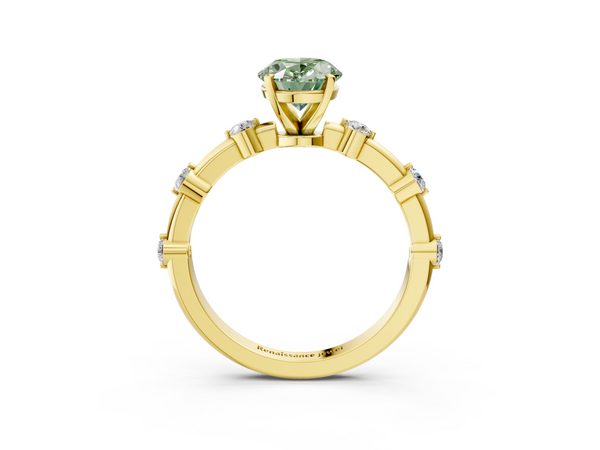 Yellow gold Fancy Green Oval  Solitaire Diamond Ring with Bezel Set Side Stones and Prong Setting