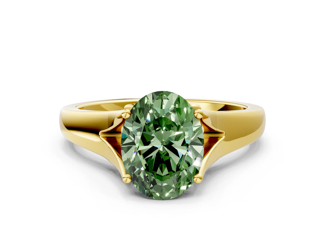 Yellow gold Fancy Green Oval  Solitaire Diamond Ring with Cathedral Band and Four-Prong Setting_66