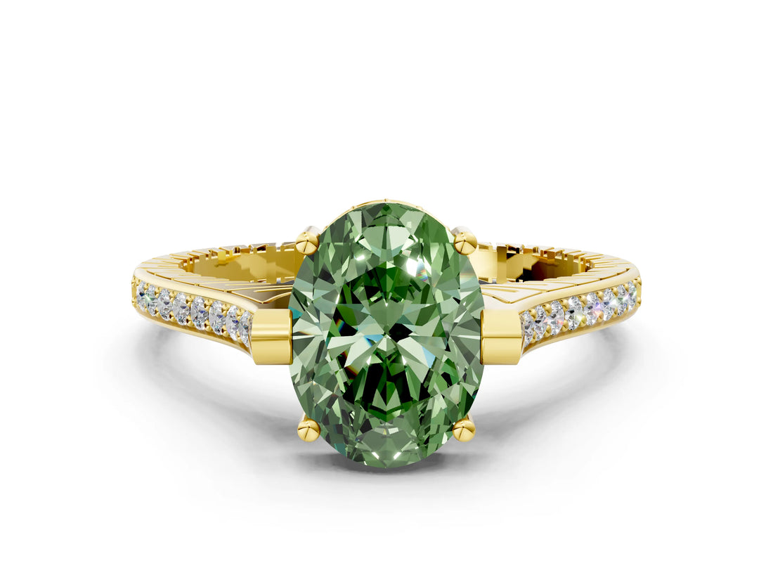 Yellow gold Fancy Green Oval  Solitaire Diamond Ring with Channel Set Band and Bezel Prong Setting_57