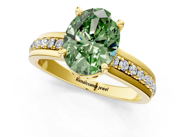 Yellow gold Fancy Green Oval  Solitaire Diamond Ring with Channel Set Band and Six-Prong Setting