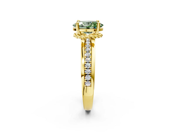 Yellow gold Fancy Green Oval  Solitaire Diamond Ring with Channel Set Band and Six-Prong Setting