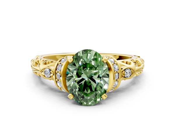Yellow gold Fancy Green Oval Cut Diamond Solitaire Ring with Filigree Band and Four-Prong Setting